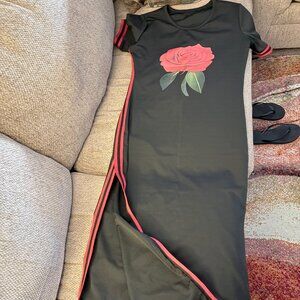 Black Maxi Dress w/ Red Stripe & Rose Graphic